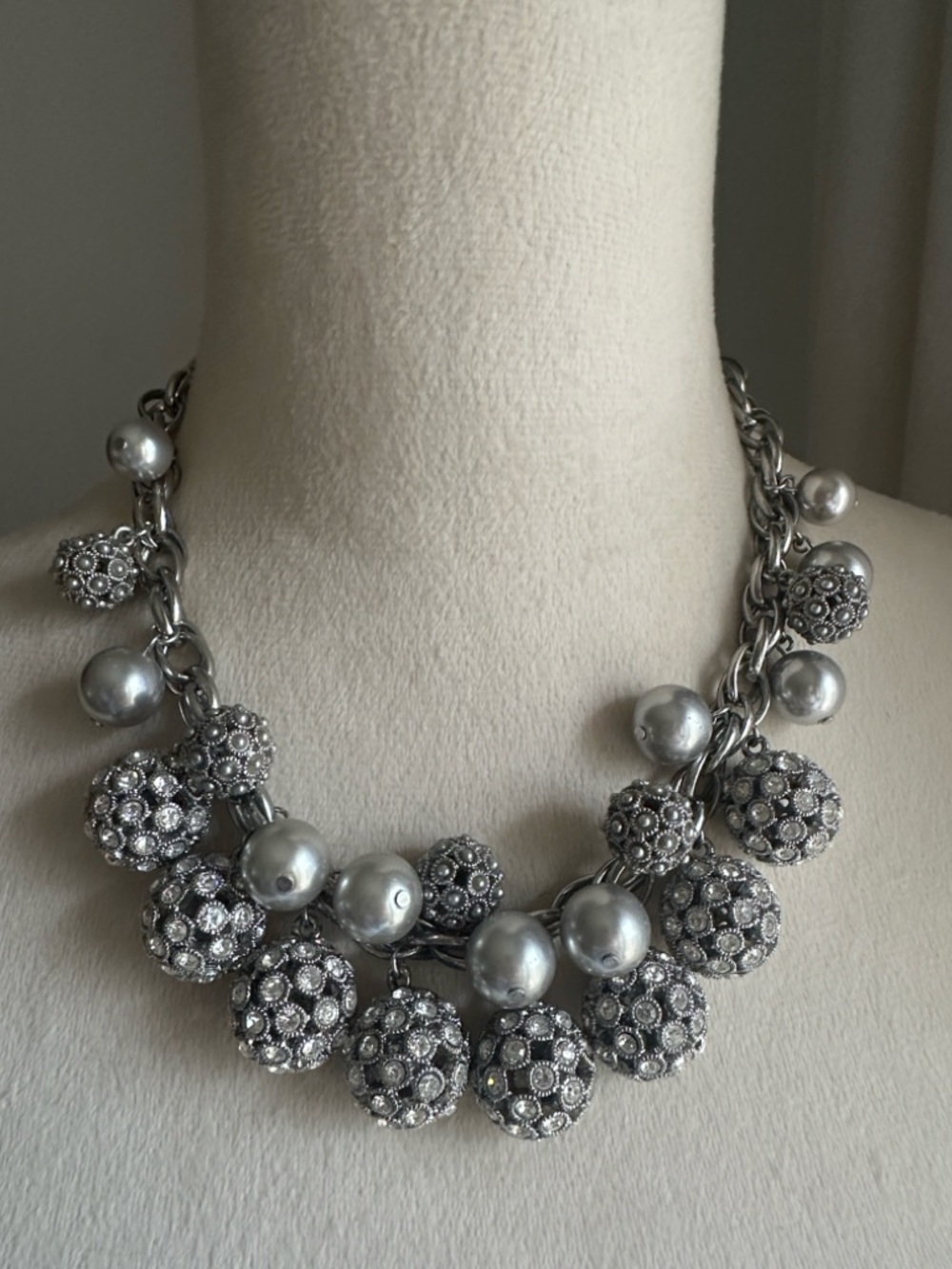 Maximalist Silver Tone Statement Imitation Pearl & Crystal Cluster Necklace